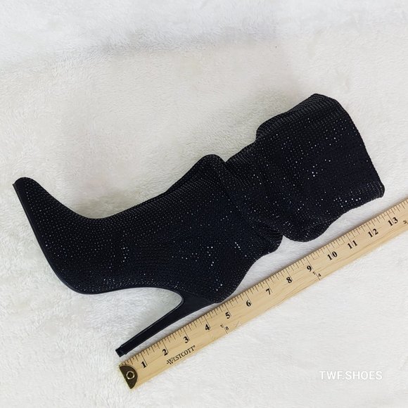 Resolve Sparkling Black Rhinestone High Heel Slouch Calf Boots New Years Bling - Picture 11 of 14